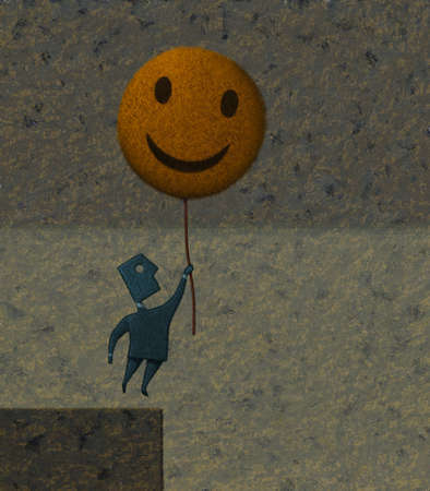 Man lifting off cliff with happy face balloon

 